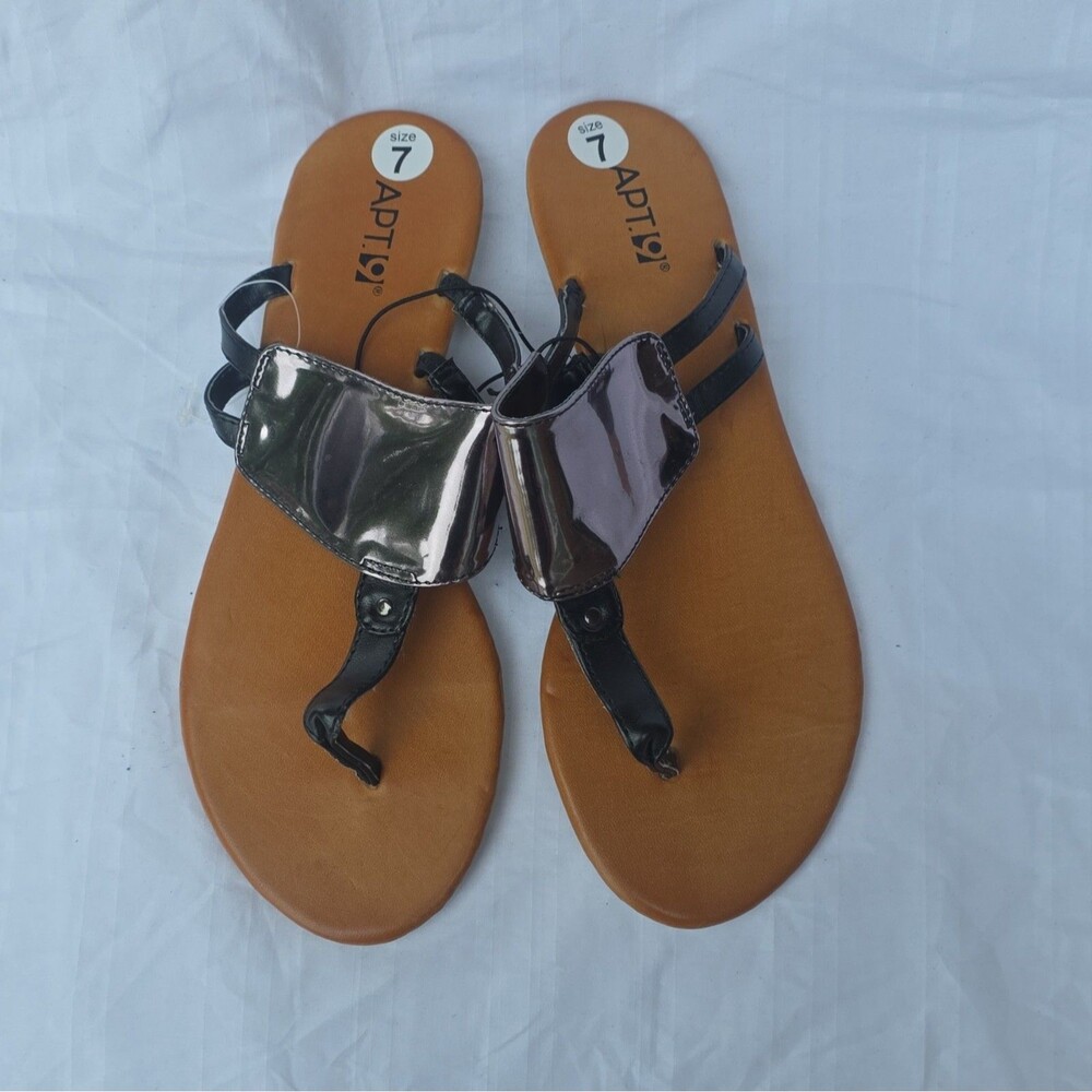 APT.9 Women's Thong Sandals Size 7 Slip-On Flat Metallic Brown/Black/Silver